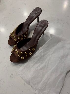Brown Suede Studded Open-Toe Heels